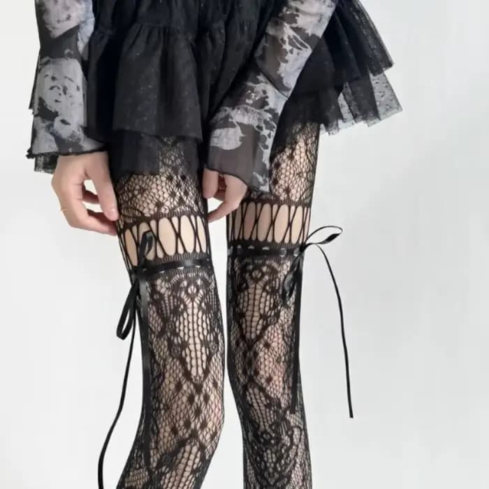 Collants en dentelle ajourés pour femmes, avec bretelles à nœud papillon, collants en maille transpa