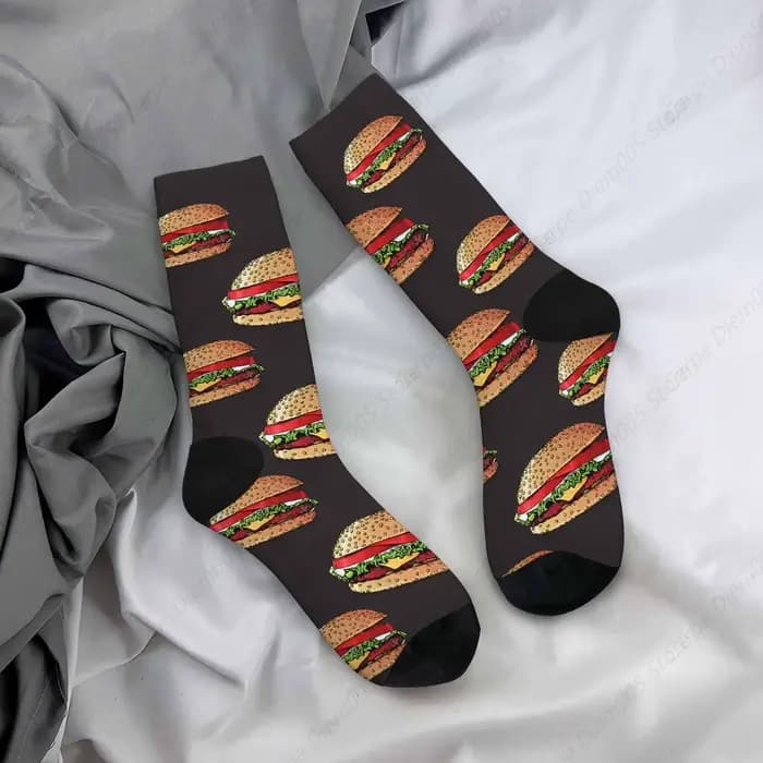 Chaussettes drôles à motif de hamburger pour hommes et femmes, chaussettes d'équipage décontractées,