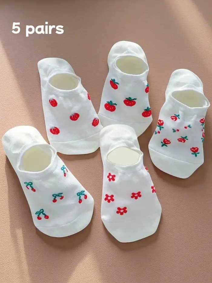 Chaussettes bateau invisibles pour femmes, avec motifs mignons de cerises, chaussettes fines et resp