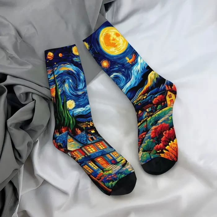 Chaussettes imprimées inspirées de Van Gogh, illustration artistique asymétrique, chaussettes mi-mol
