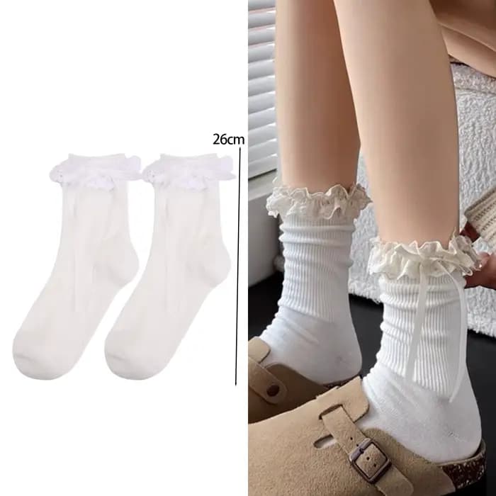 Harajuku automne couleur unie dentelle nœud Lolita à volants chaussette pour femmes Kawaii chaussett