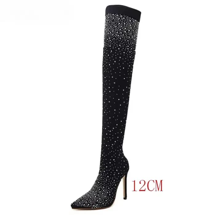 Chaussettes Sexy à talons hauts, bottes au-dessus du genou, bout pointu, strass en cristal, tissu ex