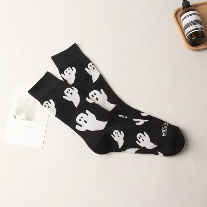 1 Paire de Chaussettes en Coton Noires pour Femme, Motif Fantôme Amusant d'Halloween, Mi-Mollet, Cha