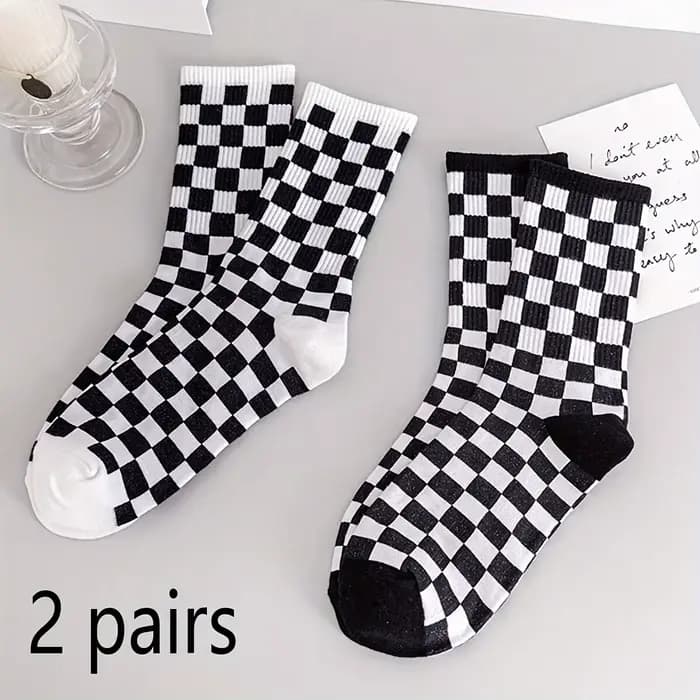 Chaussettes à carreaux tendance Harajuku, chaussettes géométriques noires et blanches, chaussettes d