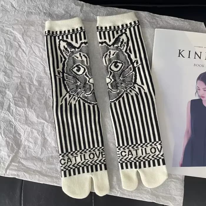 Haute qualité bout fendu femme coton chaussettes printemps automne hiver chat motif lettres rayures 