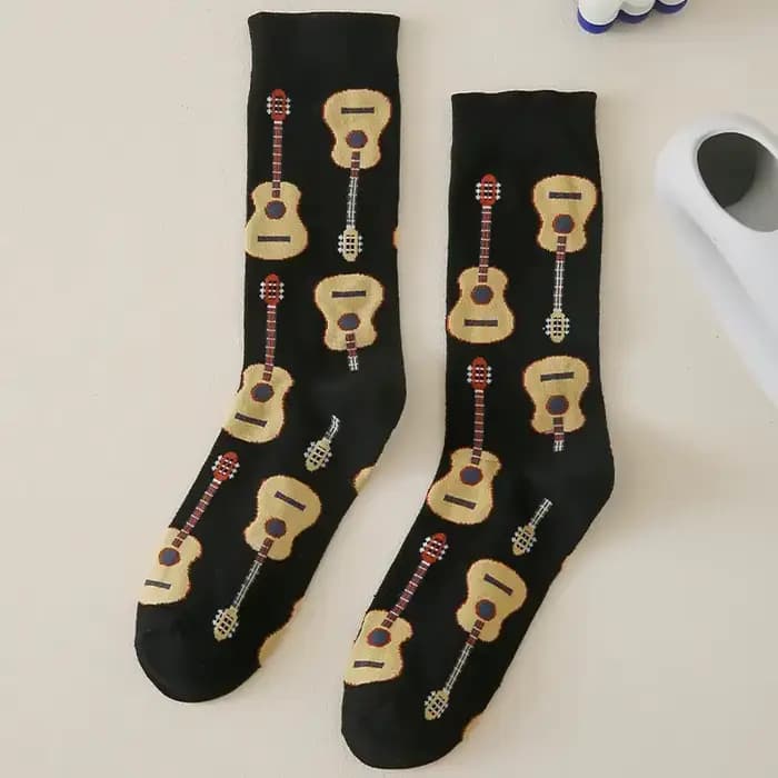 1 paire de chaussettes mi-tube imprimées guitare pour hommes, à la mode, polyvalentes, col rond, dou