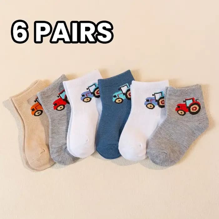 6 paires de chaussettes pour enfants à motif de tracteur de dessin animé, chaussettes mi-mollet conf