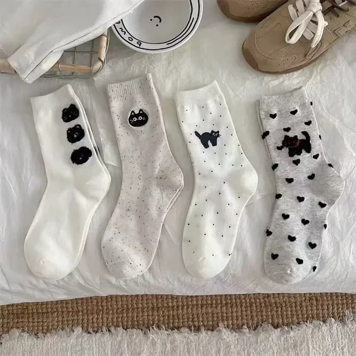 Chaussettes mi-tube pour femmes, dessin animé mignon, chaton, animal désossé, document solide, mode 