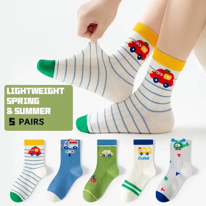 5 paires de chaussettes mi-mollet colorées à motif de voiture pour enfants, fines et respirantes en 