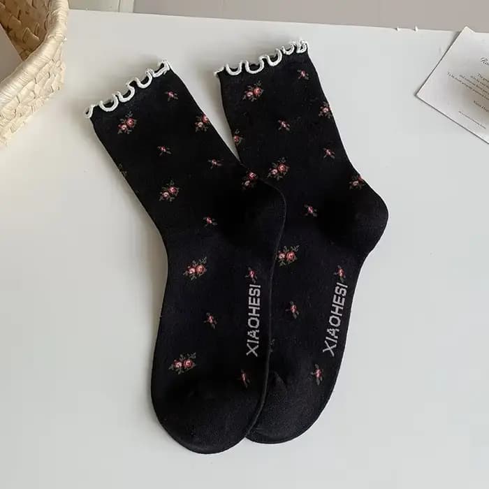 Chaussettes à volants à froufrous de style coréen rétro pour femmes, chaussettes à fleurs pour fille