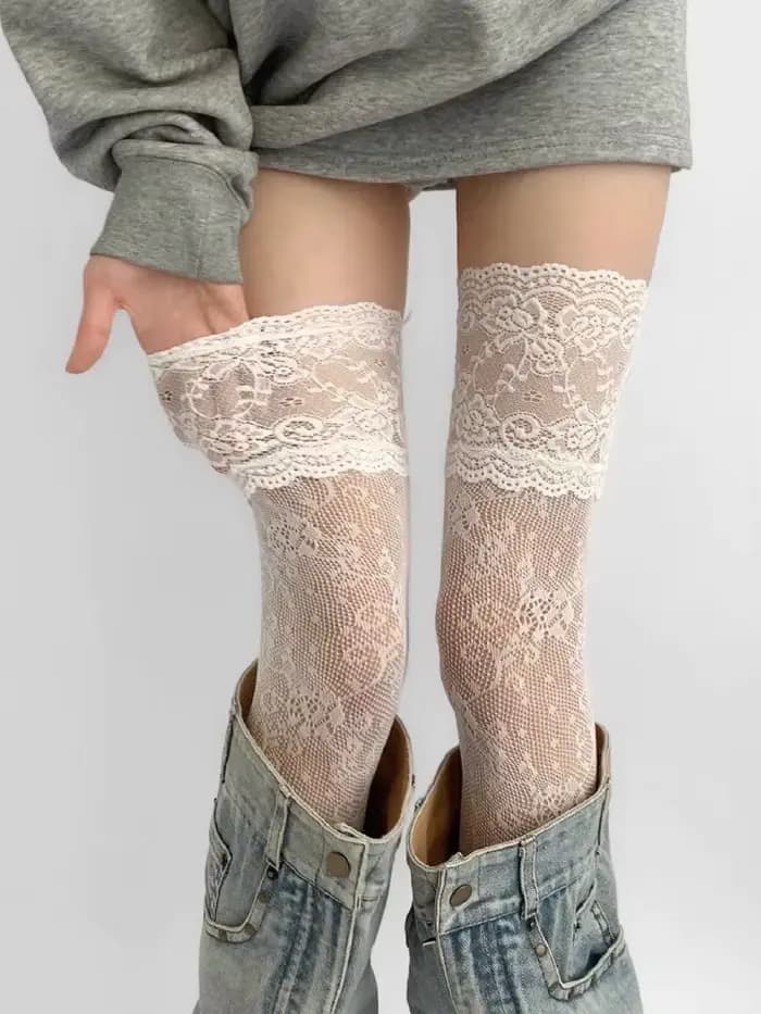 Bas résille en Nylon pour femmes, Sexy, garniture en dentelle, rétro, Floral, maille douce, respiran