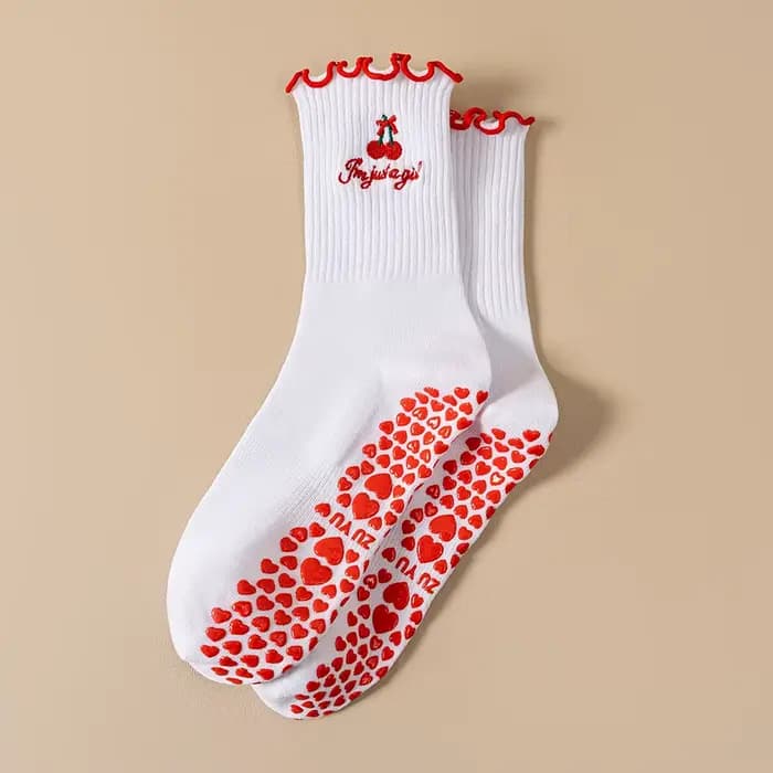 Chaussettes de Sport pour femmes, mi-mollet, brodées, antidérapantes, pour Yoga, Pilates, spécial po