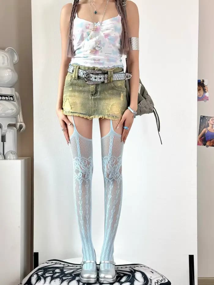Collants résille ajourés pour femme, style punk, à motif cœur, avec porte-jarretelles, entrejambe ou