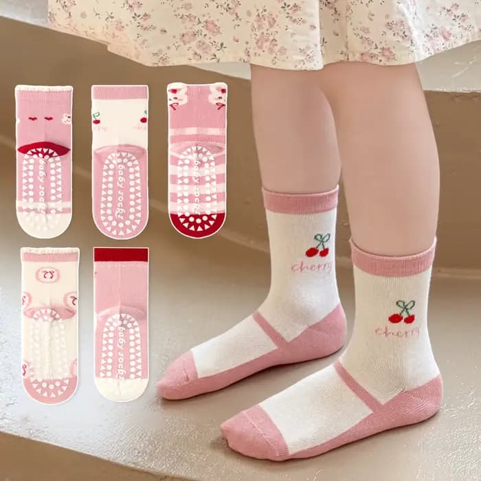 Lot de 5 chaussettes de sol pour enfants avec nœud rose et motif lapin, chaussettes d'intérieur anti
