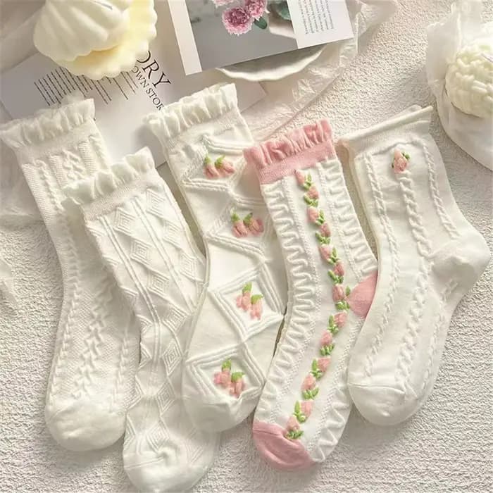 5 paires de chaussettes à motif Floral pour femmes, blanches, roses, mignonnes, douces, polyvalentes