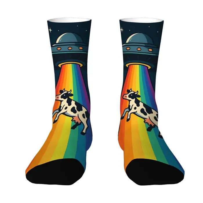 Chaussettes amusantes UFO arc-en-ciel vache rétro imprimé dessin animé, confortables, respirantes, a