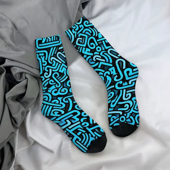 Chaussettes mi-mollet pour hommes à imprimé lignes abstraites bleues et noires, futuristes et élégan