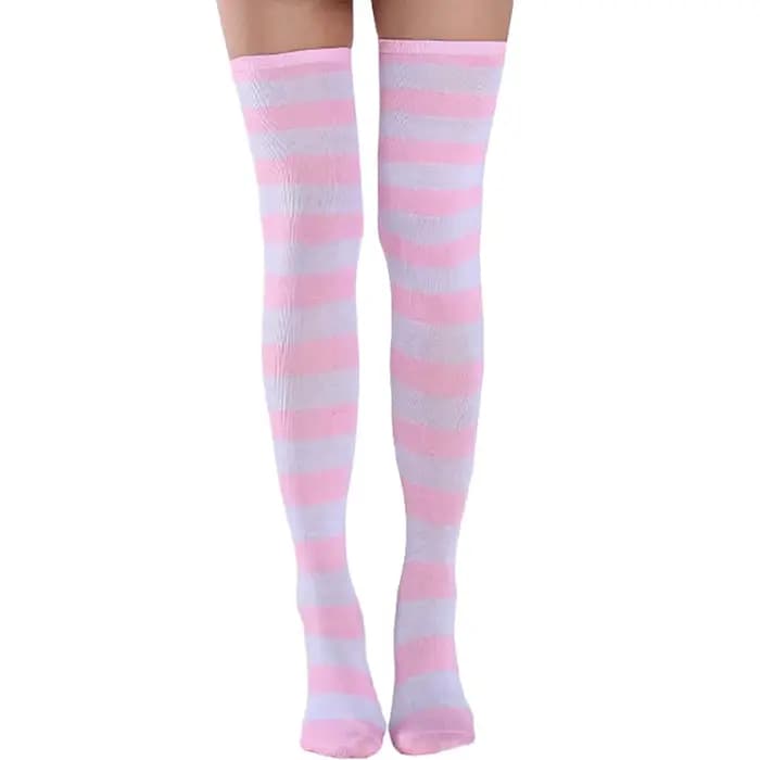 Chaussettes hautes de noël à rayures roses et blanches, jolies jambes Kawaii en coton doux au-dessus