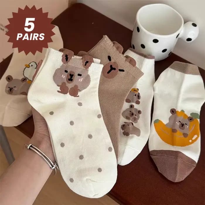 5 paires de chaussettes Capybara mignonnes pour femmes, tissu tricoté de dessin animé, chaussettes d