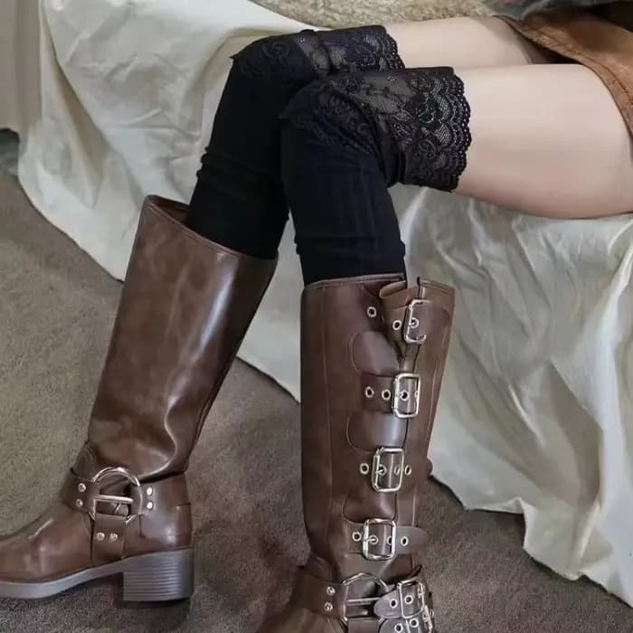 Chaussettes femme automne/hiver couleur unie cuisse haute dentelle mignon Lolita épais chaud bas noi