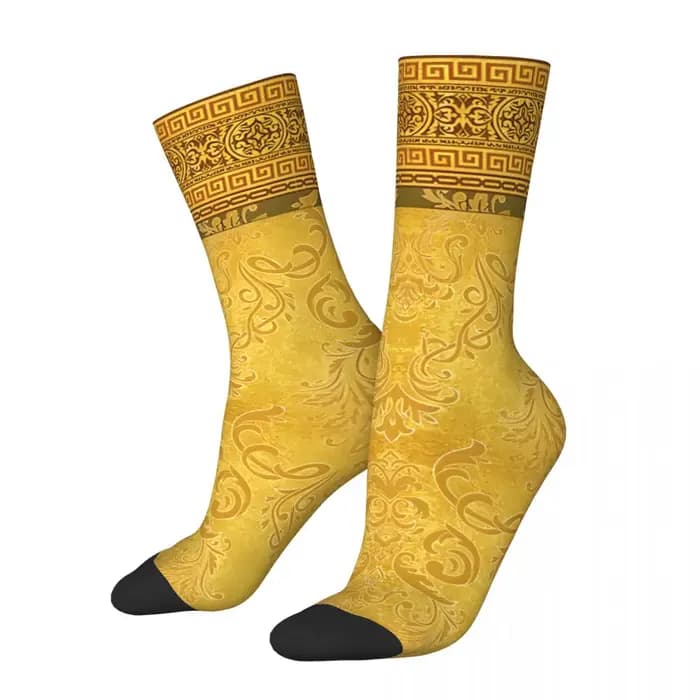 Chaussettes dorées baroques à fleurs ornées de touches grecques pour hommes et femmes, chaussettes d