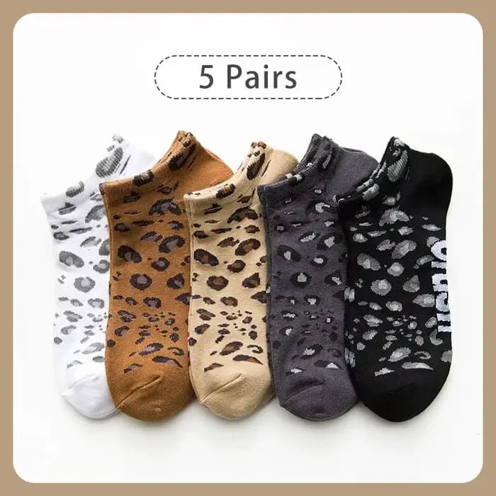 5 paires de chaussettes basses de sport en coton imprimé léopard pour femmes, à la mode et tendance,