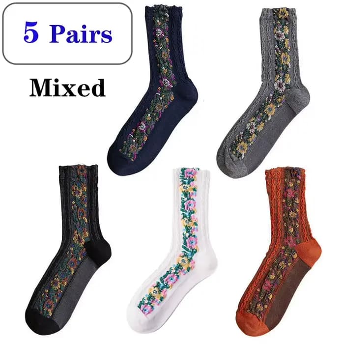 5 paires de chaussettes pour femmes, chaussettes en coton à fleurs rétro mignonnes, chaussettes mi-t