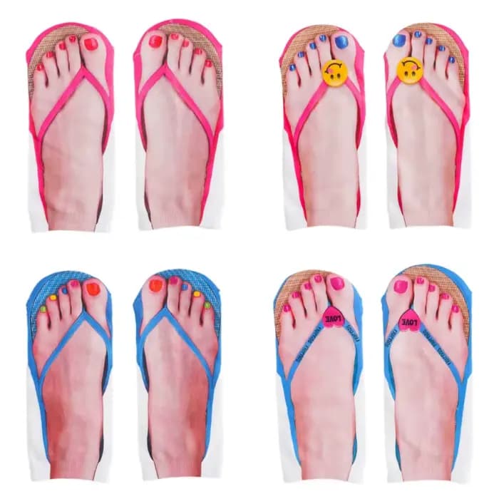 4 paires de chaussettes tongs imprimées en 3D, chaussettes amusantes, chaussettes à motifs d'ongles,