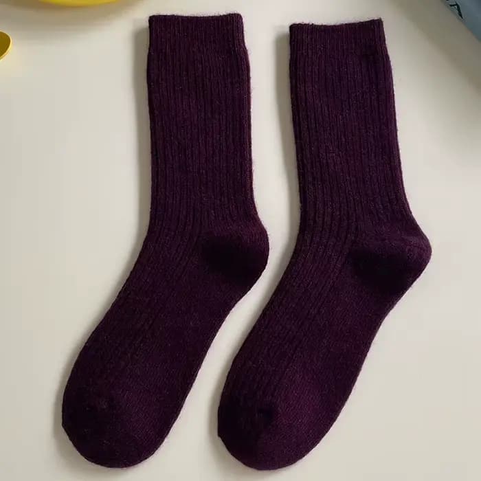 Chaussettes chaudes épaisses en laine mérinos pour femmes, classiques, couleur unie, côtelées, haute