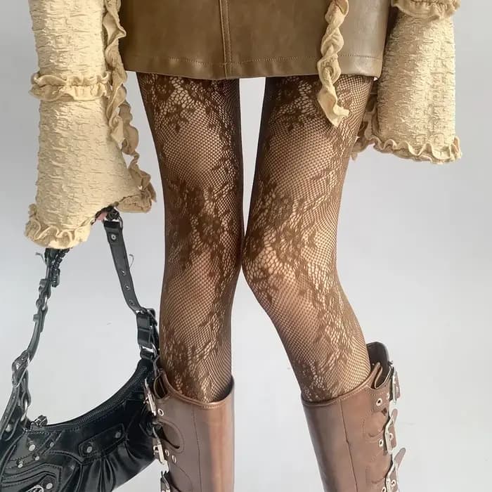 Collants en maille de dentelle ajourée blanche et noire, bas à fond en rotin floral