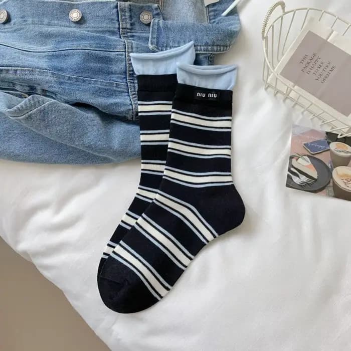 Femmes chaussettes printemps été mince respirant Double côtelé coton chaussettes rayé femmes filles 