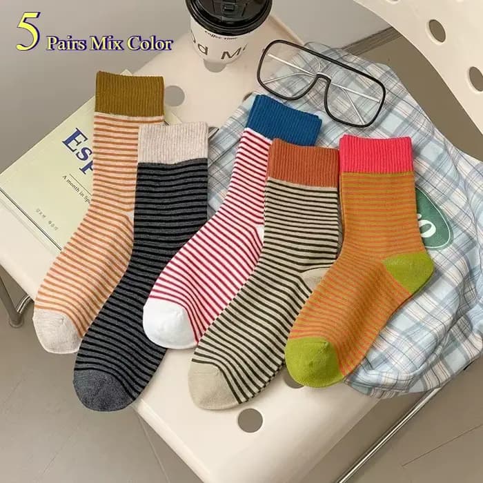 5/10 paires de chaussettes mi-tube en tricot rayé pour femmes, automne-hiver, style collège, douces,