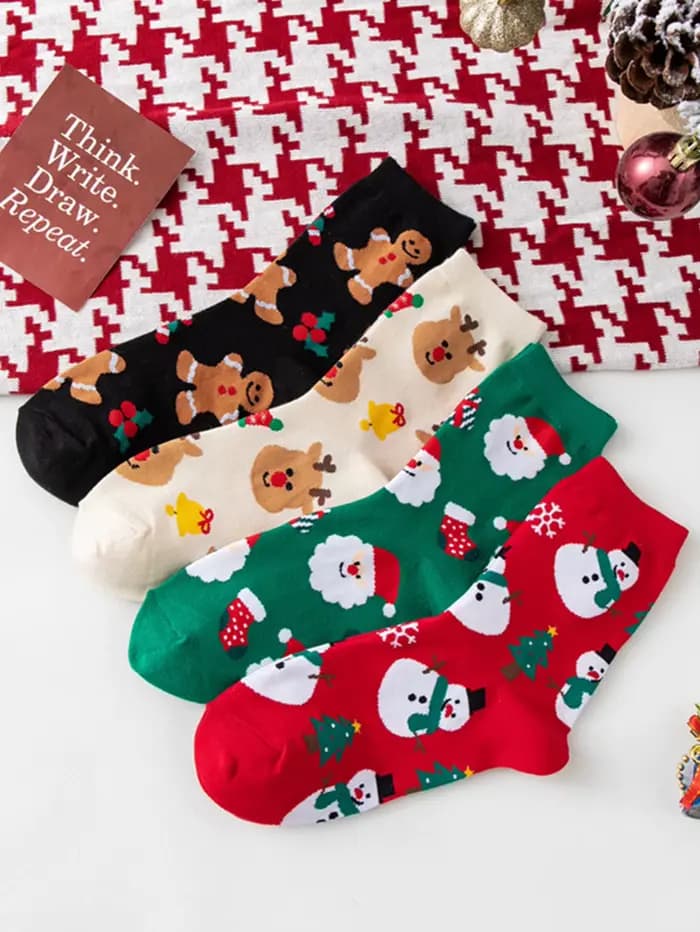 4 paires de chaussettes de noël femme drôle père noël bonhomme de neige de noël chaussettes Kawaii d