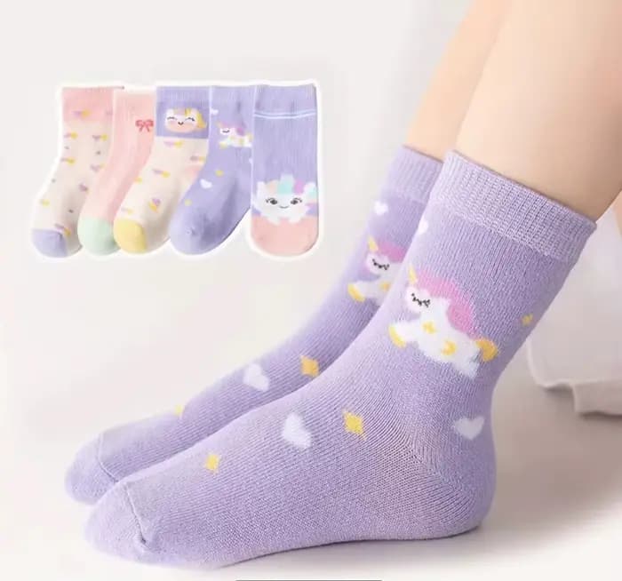 5/10 paires de chaussettes pour enfants à motif licorne de dessin animé, chaussettes mi-mollet à nœu