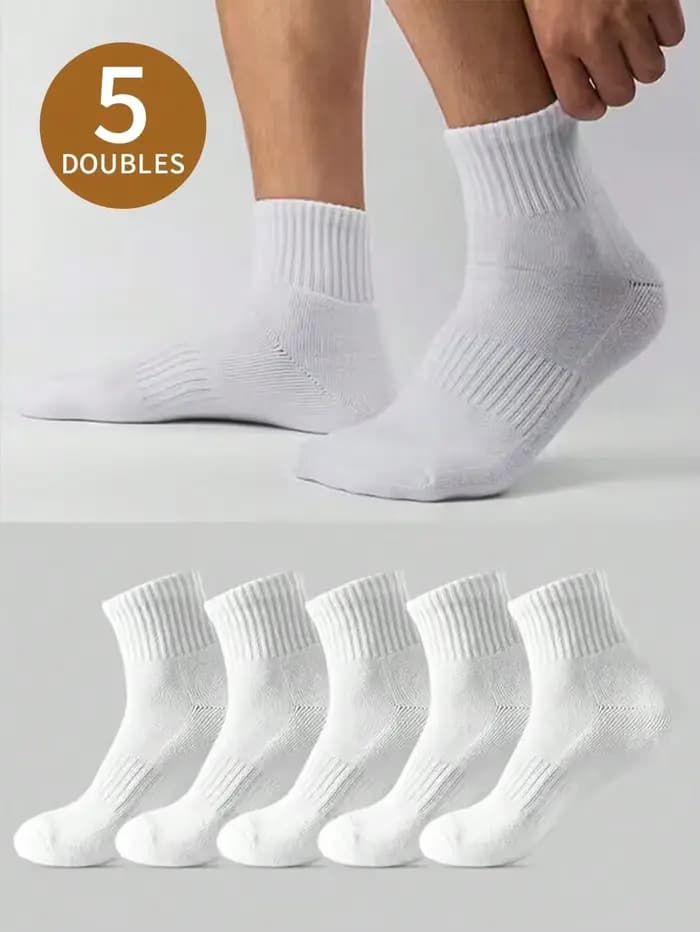 Chaussettes de sport mi-mollet blanches pour hommes, lot de 5 paires, respirantes, anti-odeur, en co