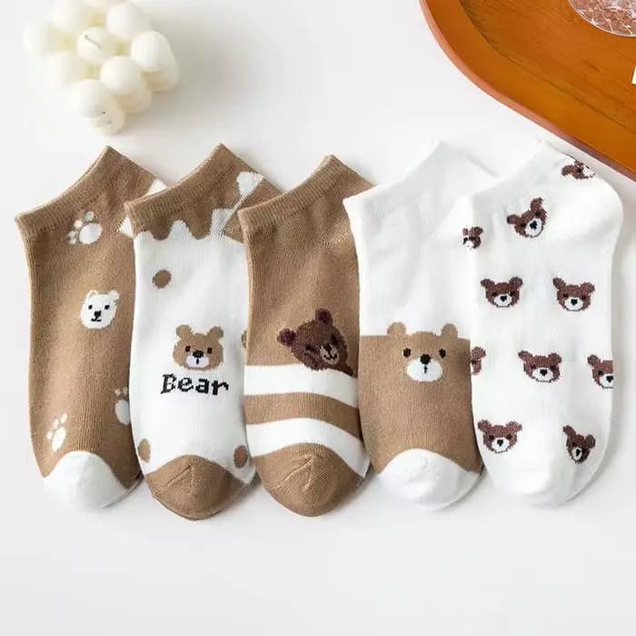 5 paires de chaussettes basses pour femmes, ours de dessin animé mignon, douces, légères et conforta
