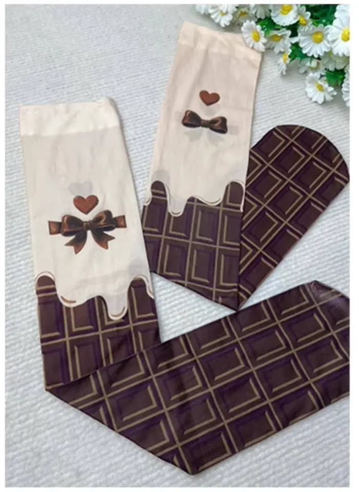 Collants Lolita pour femmes en chocolat noir ou au lait, design original / bas au-dessus du genou