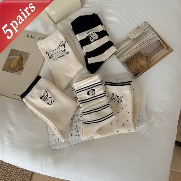 5 Paris femmes chaussettes rayure dessin animé chiot imprimé moyen Tube chaussettes Kawaii mignon dr