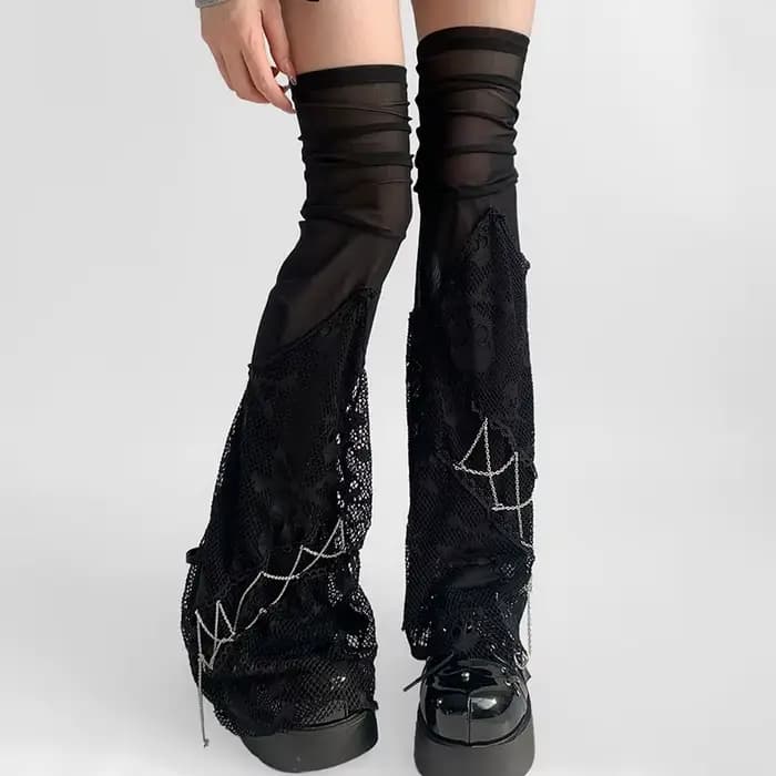 Bas gothique en dentelle avec chaîne noire, crâne, chaussettes hautes, Punk, mollet, Sexy, maille lo