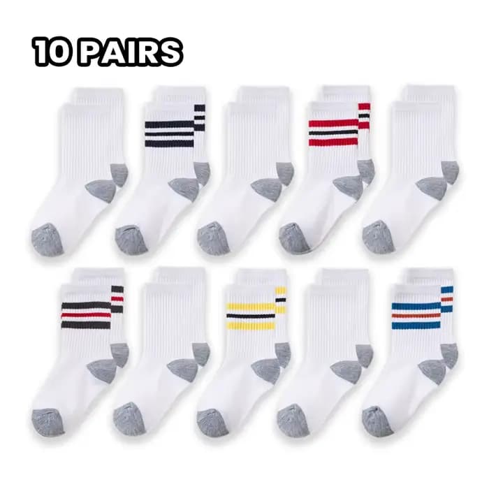 10 paires de chaussettes de sport mi-mollet pour enfants, design classique rayé et color-block, idéa