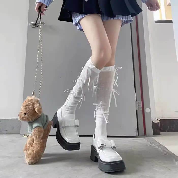 JK fille mode Pile Long Tube Street Shot mollet chaussettes Pile Lolita mollet chaussettes nœud geno