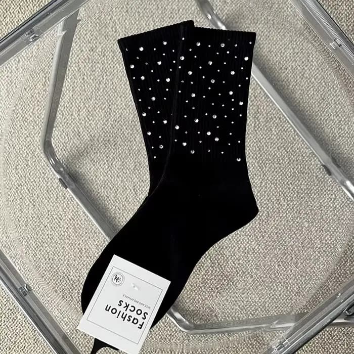 Chaussettes mi-hautes pour femme en coton, motif diamant brillant, strass de luxe, tendance quatre s