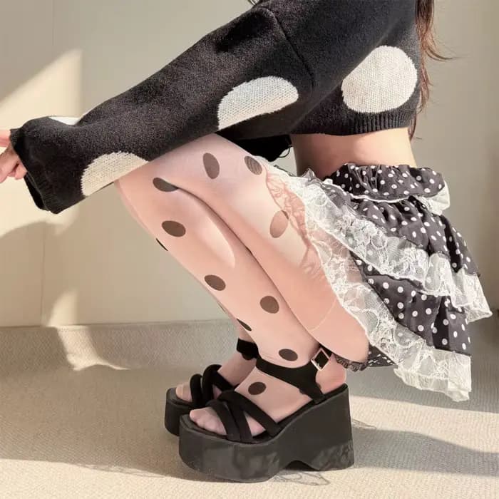 Collants à pois pour femme, sexy, en dentelle, style Y2K JK, blancs, ultra-fins, imprimés à pois, ba