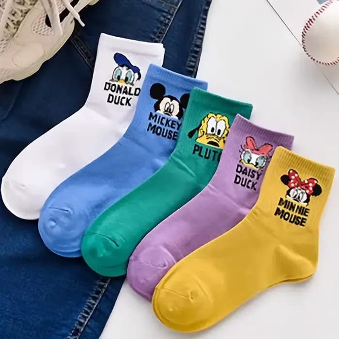 5 paires de chaussettes mignonnes à col rond en coton pour femmes, chaussettes de dessin animé Disne