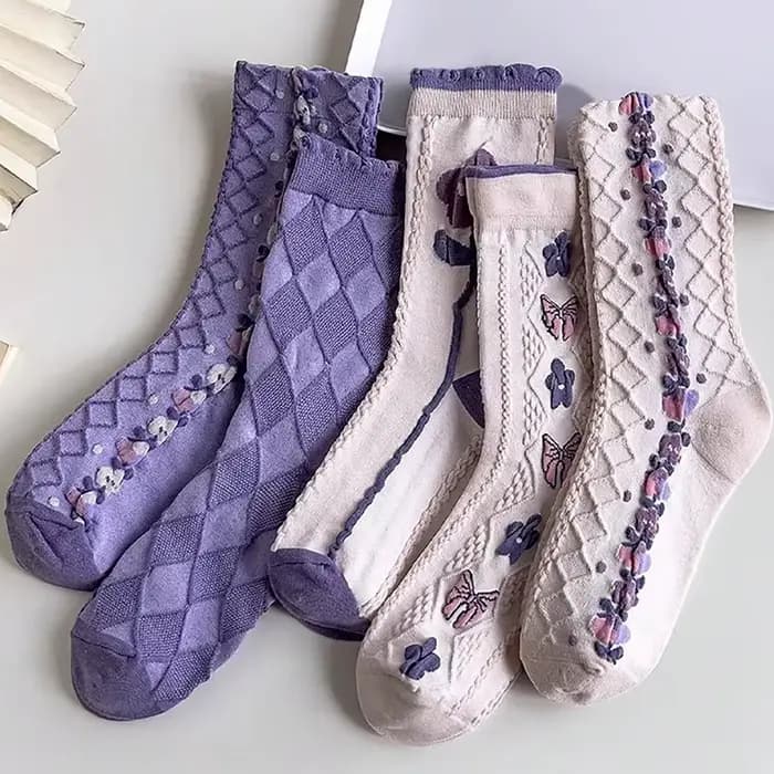 5/10 paires de chaussettes à col rond pour femmes, motif de fleurs violettes, motif papillon rétro H