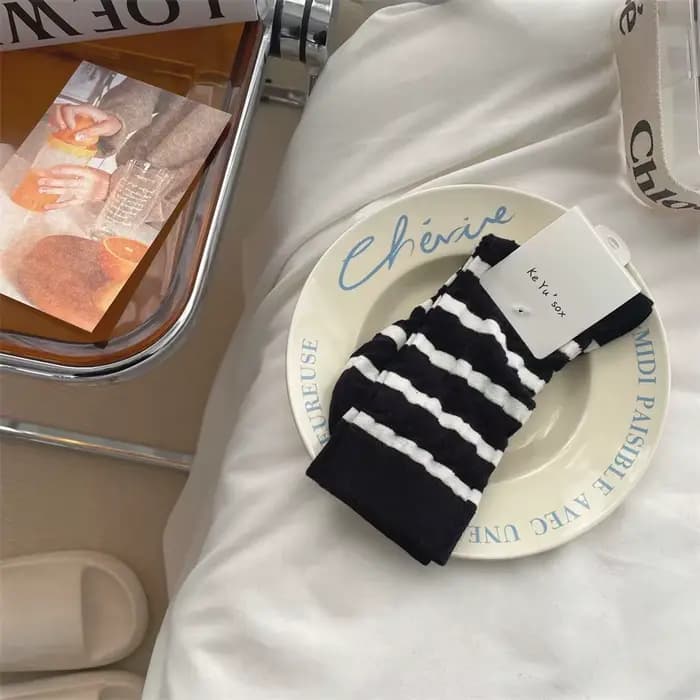 Chaussettes pour femmes, printemps-été, légères, respirantes, rayées, en coton, mi-mollet, couleur u