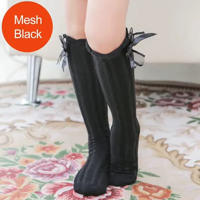 Chaussettes hautes pour filles, en maille avec nœud papillon, longues et hautes, respirantes, blanch
