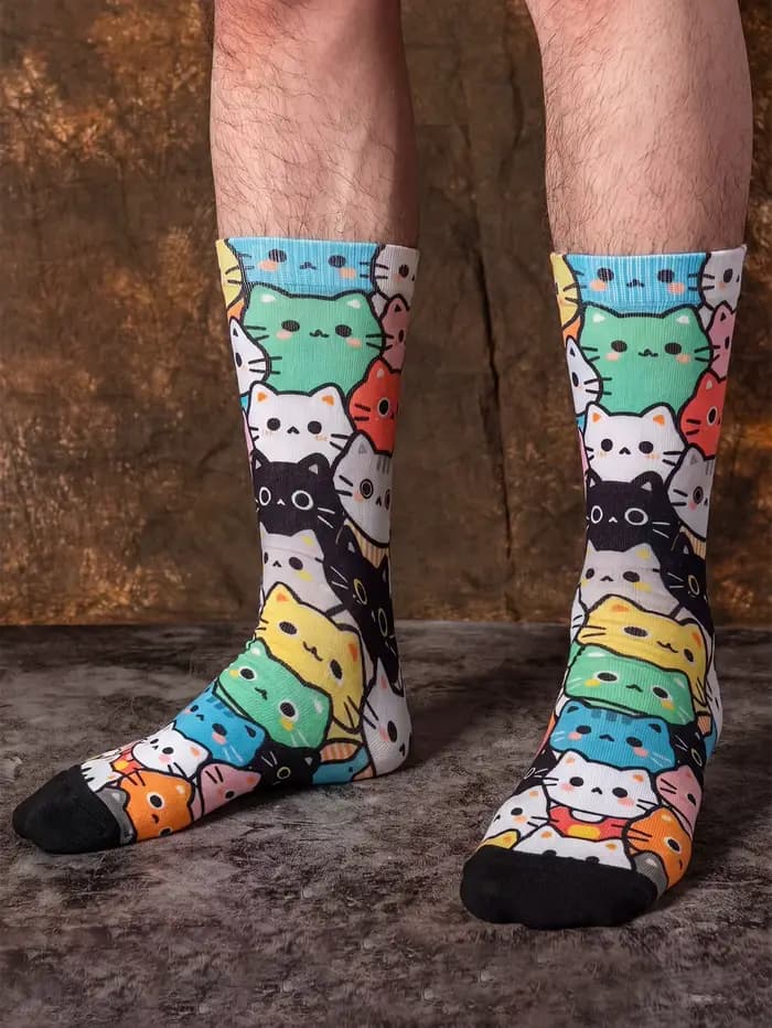 1 paire de chaussettes mi-mollet pour femme avec imprimés de chats de dessins animés sur toute la su
