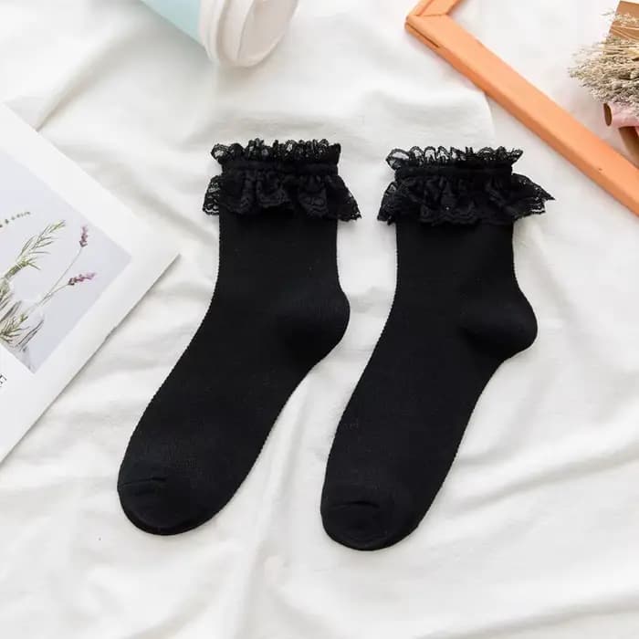 Chaussettes en dentelle pour femmes, Style japonais Lolita Jk, blanc, noir, solide, kawaii, en coton