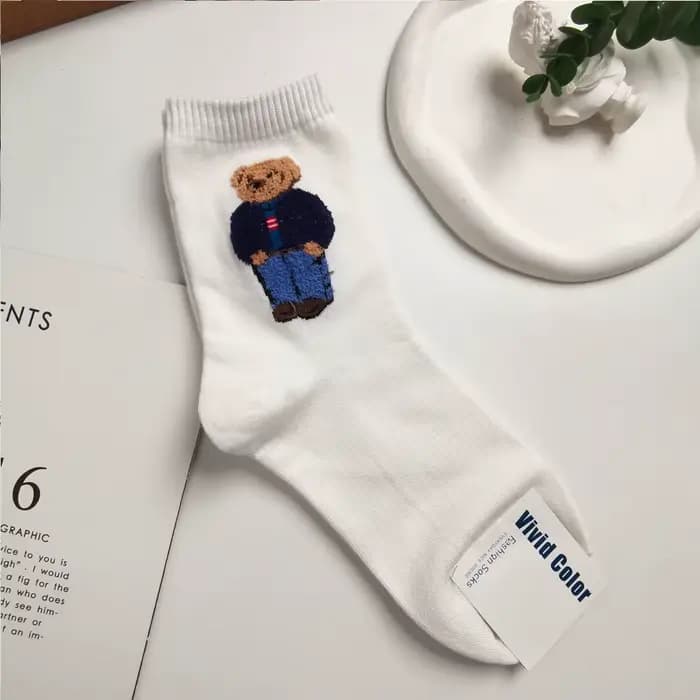 Chaussettes en coton mi-mollet ours de dessin animé pour femmes, pull décontracté, chaussettes ours 